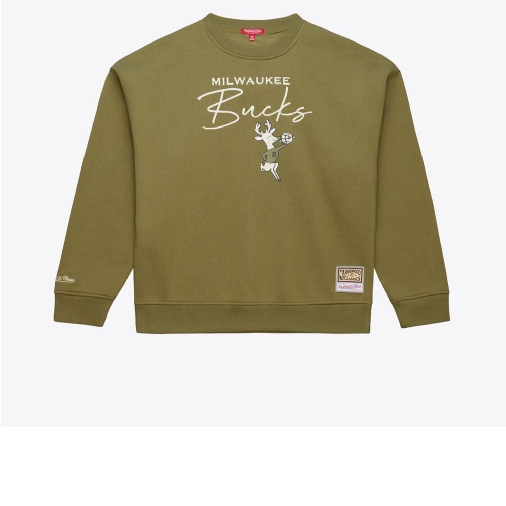 NWT Milwaukee Bucks Mitchell Ness Womens Olive Lightweight Script Sweatshirt $90